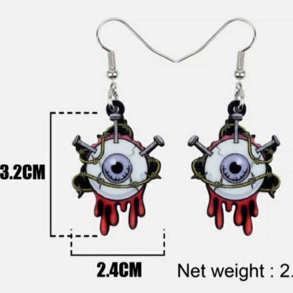 Tortured Eyeball Red Blood Drip Nail Barbedwire Dangle Drop Earrings - Picture 7 of 8